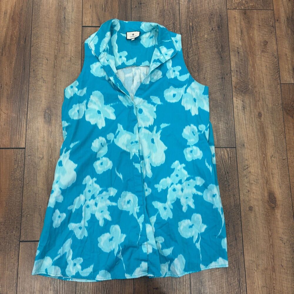 Tuckernuck Sleeveless Charlie Shirt Dress Sz L Turquoise Watercolor Floral Print - Picture 2 of 8